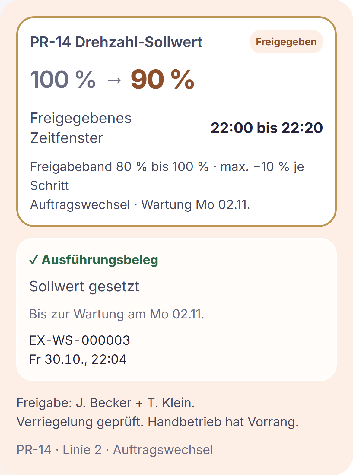 PR-14: Drehzahl 100 auf 90 %, Zeitfenster 22:00 bis 22:20, Wartung Mo 02.11.