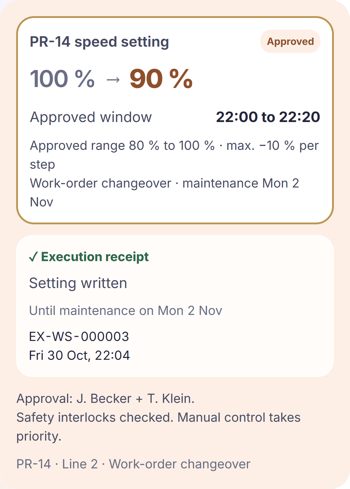 PR-14: speed 100 to 90 %, window 22:00 to 22:20, maintenance Mon 2 Nov.